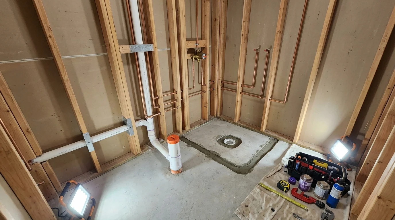 Bathroom rough-in plumbing during remodel by Johns Plumbing LLC in Pocono Pines