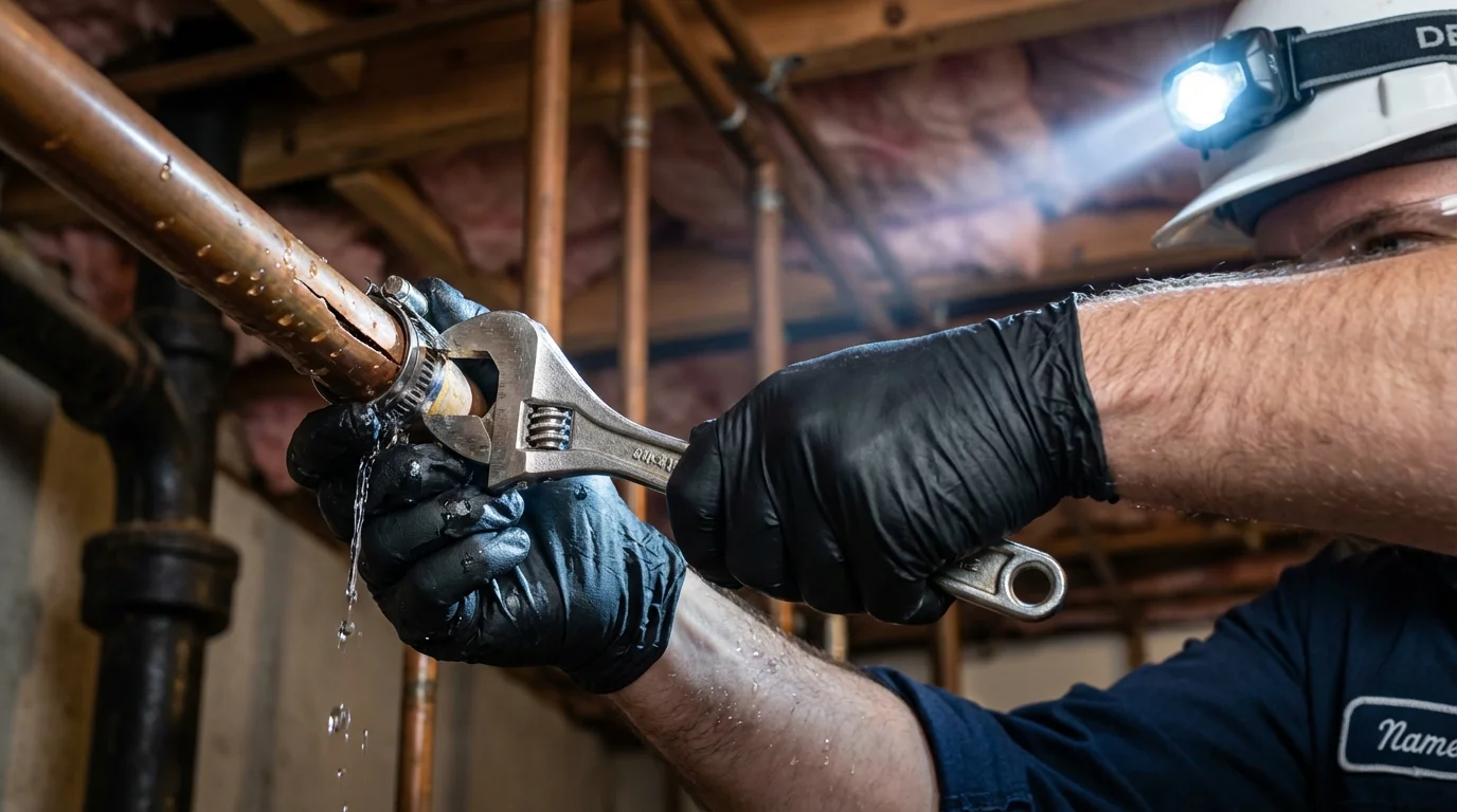 Emergency pipe clamp repair being performed by a Johns Plumbing LLC plumber in Pocono Pines
