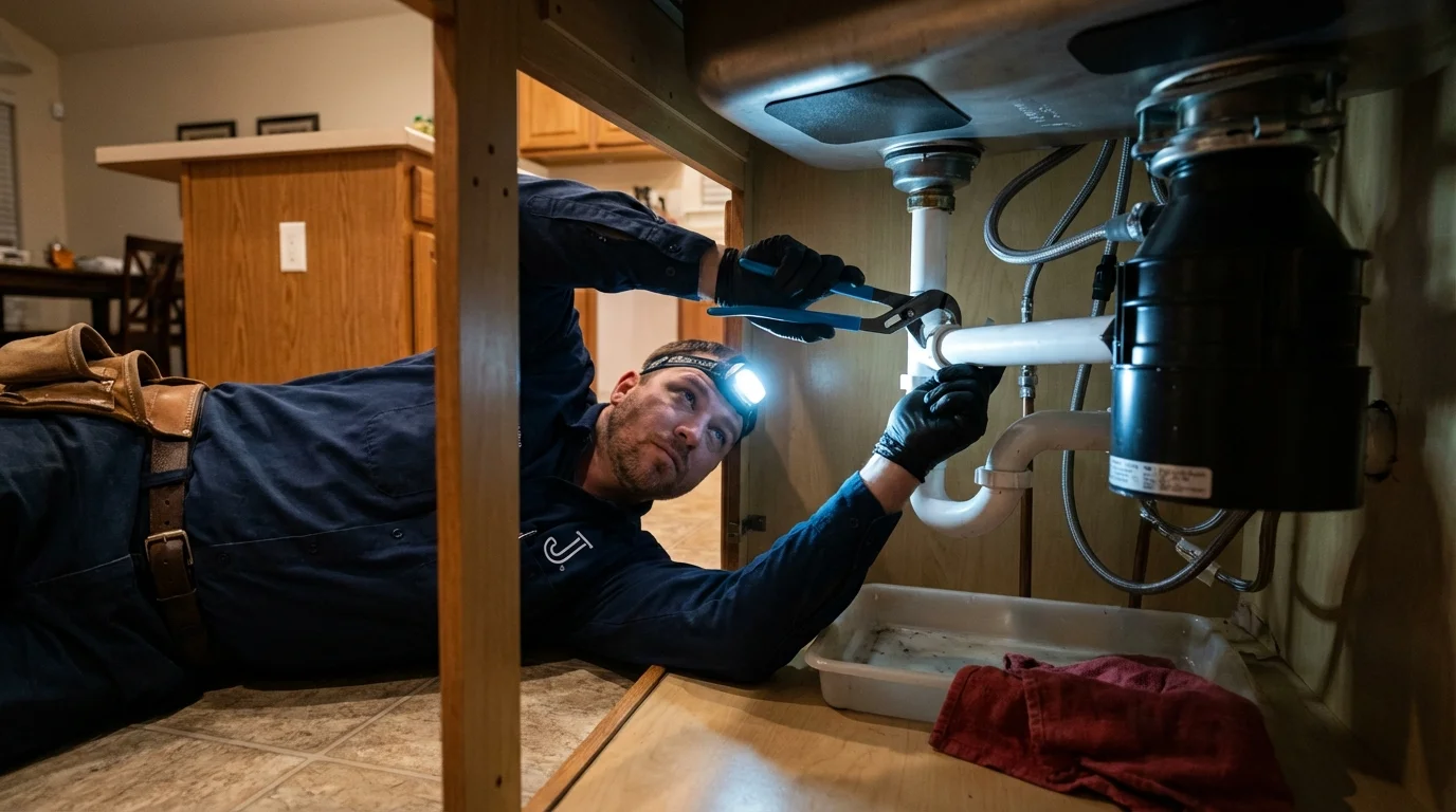 P-trap and supply line connections under a kitchen sink showing a common leak point in Pocono Pines, PA